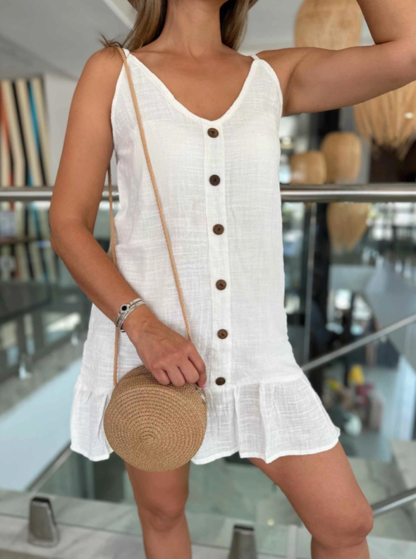 Korte linnen jurk met kokosknopen van Loli