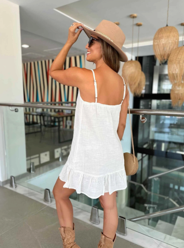 Korte linnen jurk met kokosknopen van Loli