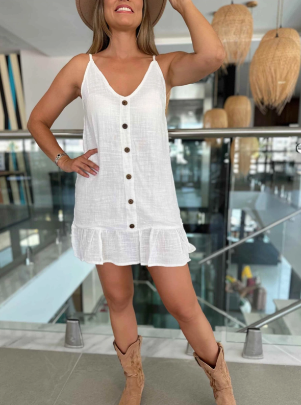 Korte linnen jurk met kokosknopen van Loli